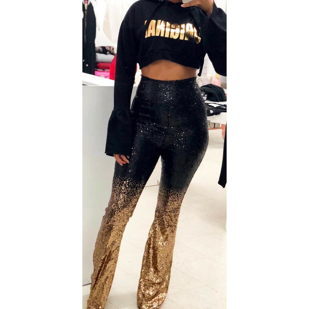 Black & Gold Sequins Bell Flare Bottoms Retro 60's